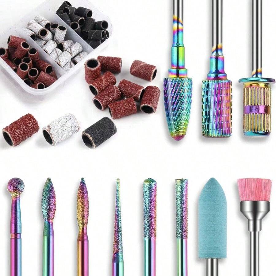 10 件 + 75 件/盒指甲钻头套装，适用于美甲师陶瓷金刚石钻头，带指甲锉打磨带，用于去除老茧层、丙烯酸指甲抛光