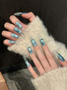 10 Peças Unhas Postiças Estileto Super Longas Ombré Glacial Francesas Fosca com Decoração de Cristal de Strass, Suprimentos de Unhas