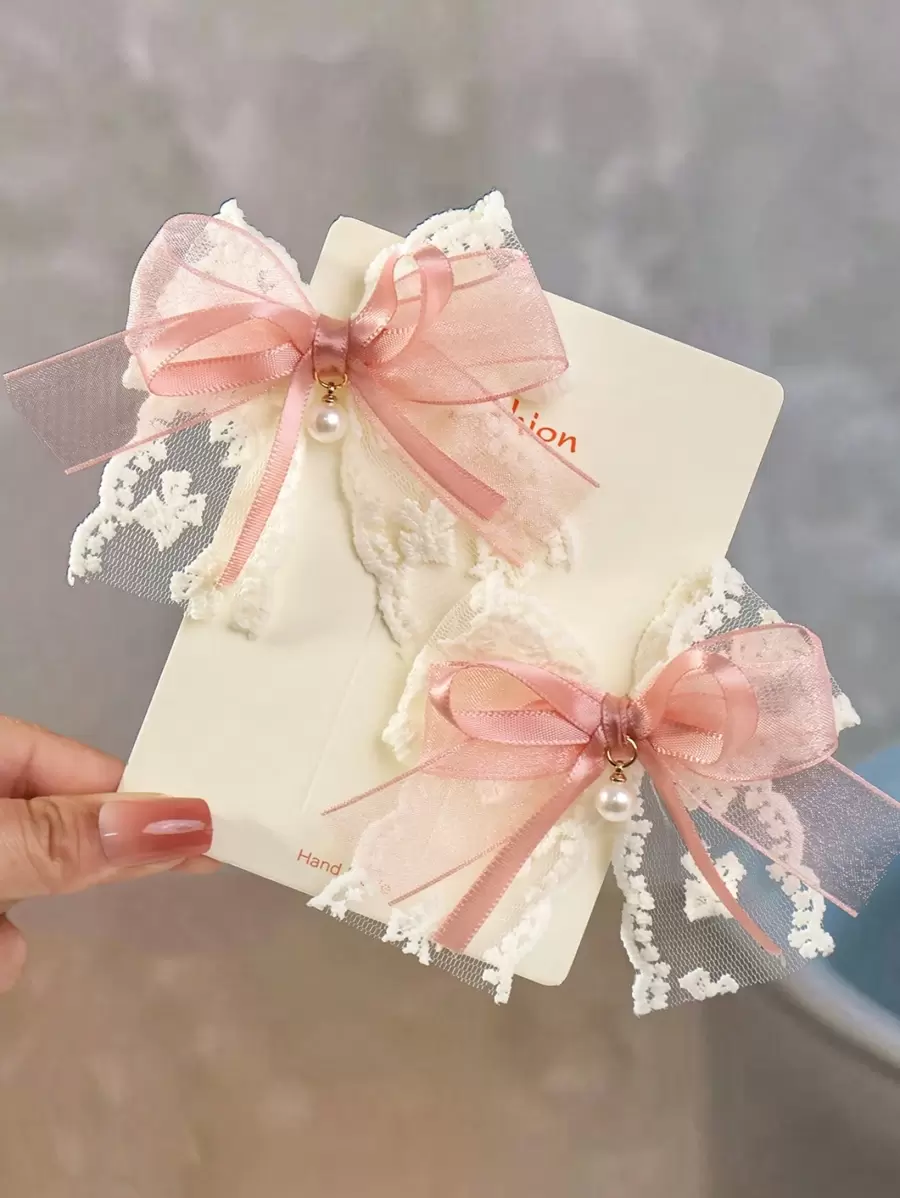 2 Pcs Spring/Summer Lace Pearl Bow Daily Versatile Hair Clips - Pink - View 1