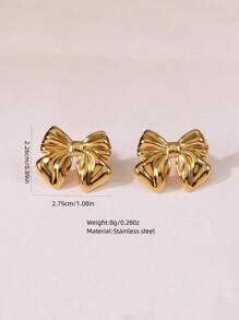 SHEIN MOD 1 Set Of 2 Minimalist Cute Pleated Bowknot Stainless Steel Earrings, Suitable For Women's Daily Wear, Dates Or As Gift For Festivals - Yellow Gold - View 2