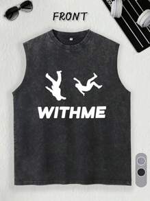 Accompanying Me: Extreme Sports Silhouette "Print Pattern, Solid Color High-Quality Vest Shoulder, Made Of 230g Washed Pure Cotton Fabric, Comfortable Texture, Is An Ideal Choice For Daily Wear, Daily Casual Vest - Black - View 1