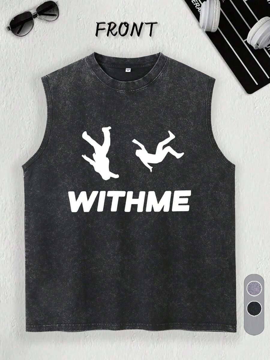 Accompanying Me: Extreme Sports Silhouette "Print Pattern, Solid Color High-Quality Vest Shoulder, Made Of 230g Washed Pure Cotton Fabric, Comfortable Texture, Is An Ideal Choice For Daily Wear, Daily Casual Vest - Black - View 1