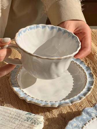 1 套烟熏蓝陶瓷咖啡杯和碟子，裂纹釉边缘，美式拿铁咖啡杯，居家和办公室水杯，公司礼品，生日礼物，节日礼物，送给女朋友的礼物