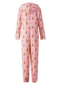 Women Christmas Gingerbread Man Fleece Pajama Nightwear Cute Cartoon Pattern Long Sleeve Hooded Plush Jumpsuit Pjs Lightweight Fuzzy Warm Romper Loungewear With Zipper For Fall Winter Xmas Sleepwears Loose Soft Nightwear - Hồng - Xem 6