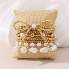 4/5/7/8pcs Simple Beaded Cross Faux Pearl Bow Bracelets Set, Women Vacation/Meet-Up/Birthday Gift, Daily Party & Casual Wear Accessory