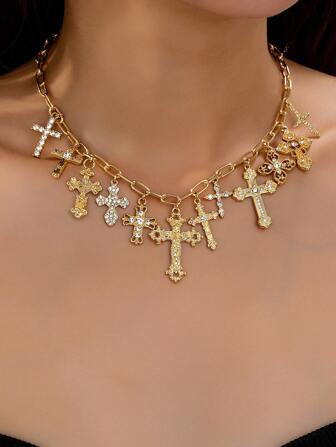 1 Pc Cross Charm Necklace For Women , Chunky Curb Chain Necklace With Multi Cross Charms , Women Cross Jewelry