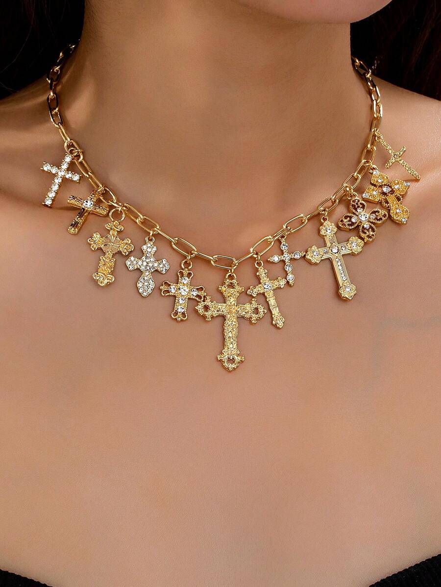 1 Pc Cross Charm Necklace For Women , Chunky Curb Chain Necklace With Multi Cross Charms , Women Cross Jewelry