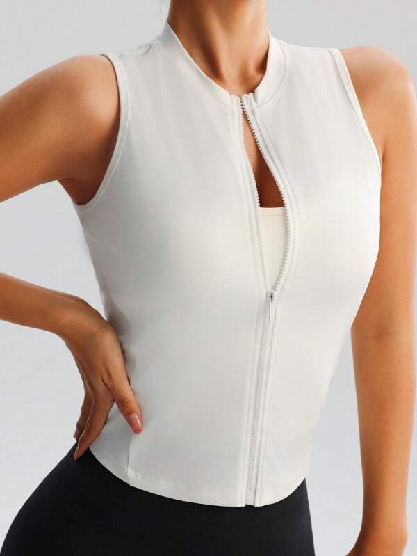 Chaleco ajustado de mujer con cremallera frontal, top deportivo para yoga y tenis de cuello alto y transpirable