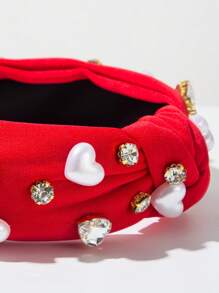 1 件红色织物宽扭头带，时尚百搭奢华闪亮心形宝石和珍珠装饰甜美个性化发饰、发带、发箍