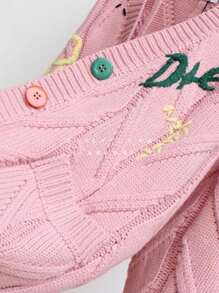 Women's Chunky Knit Long Sleeve Cardigan V-Neck Button Embroidered Sweater Jacket - Pink - View 3