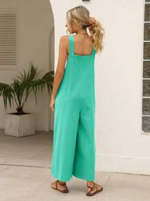 Women's Summer Cotton Linen Bib Bodysuit Loose Sleeveless Adjustable Wide Leg Jumpsuit - Màu xanh Ô liu - Xem 2