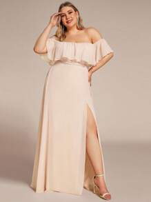 EVERPRETTY Plus Size Elegant Solid Color Off Shoulder Split Bridesmaid Dress - Baby Pink - View 4