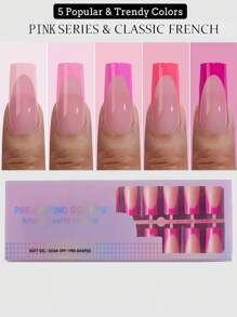 French Gel Nail Kit - 5 Colors - Square Nail Shape - 15 Sizes - Pink, Soft Pink French Tips Adhered To Nails, Soak-Off Gel Extension, DIY Nail Design, Ideal For Women's Nail Grooming Press On Nails