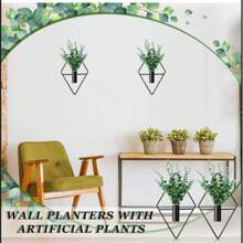 2 件悬挂式花盆带人造植物金属悬挂花瓶室内植物架现代几何波西米亚风墙壁装饰适用于客厅家庭办公室（黑色，桉树） - 黑色 - 查看 3