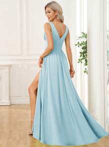 Spring V-Neck Slit Light Blue Bridesmaid Dress, Elegant Wedding Guest Dress - Baby Blue - View 3