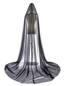 1pc Vintage Solid Color Hooded Capelet Vampire Bride Cloak, Black/Red/White Women Shawl Poncho, Sheer Adult Witch Cosplay Cape With Tail For Halloween, Christmas - Black - View 6