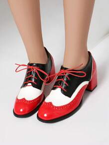 Women's Retro Floral Lace Patchwork Oxfords, Thick Heel Lace-Up Contrast Color High Heels