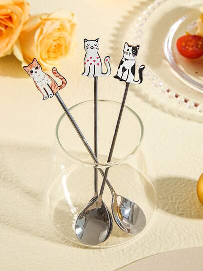 2pcs Random Color Cute Cat-Shaped Coffee Spoon And Dessert Spoon Set School Supplies Back To School