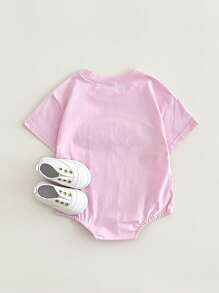 Baby Girl Pink Letter "MINI" Embroidery Short Sleeve Snap-Up Bodysuit, Summer - Pink - View 7