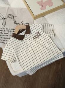 1 Áo thun Polo tay ngắn sọc trắng cho bé trai, Quần áo trẻ em lịch sự, giản dị cho mùa hè - Màu be - Xem 3