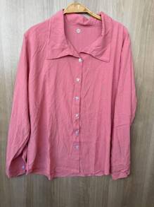 Vesco Women's Loose Linen Long Sleeve Plain Color Shirt - Màu Hồng  Dưa hấu - Xem 2