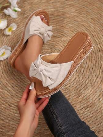 女士厚底坡跟凉鞋、蝴蝶结拖鞋、夏季坡跟拖鞋