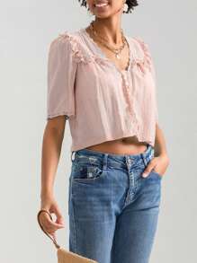 Women Short Sleeve Shirts Lace Ruffles Buttons Blouses Summer Loose Casual Tops - 粉色 - 查看 4