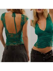 Women Summer Basic Floral Lace T-Shirts Backless Cap Sleeve Tops Casual Pullovers For Streetwear Aesthetic Clothes - 綠色 - 查看 6