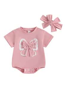 Newborn Girls Bow Bodysuit Set - Short Sleeve Crew Neck Outfit With Headband For Summer - Pink - View 3