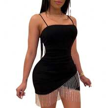 Women Summer Dress Solid Color Spaghetti Straps Form-Fitting Skirt With Irregular Tassel Hem - 黑色 - 查看 2