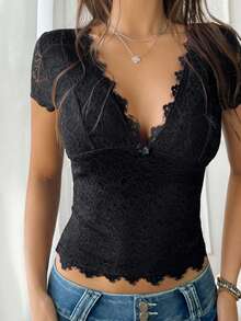 Áo croptop tay ngắn cổ chữ V phối ren gợi cảm phong cách Y2K dành cho nữ, màu đen, thích hợp cho kỳ nghỉ hè. - màu đen - Xem 4