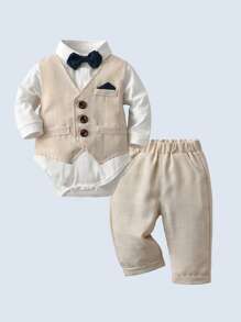 BOARNSEORL 3 件套男婴绅士服装套装，长袖衬衫配领结、背心和裤子，时尚百搭，适合生日派对、婚礼、洗礼、1 岁生日