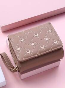 Furlong Lach 1 pieza Cartera corta de mujer con bordado en forma de corazón, cierre de cremallera versátil y sencillo, monedero con gran capacidad, cartera de mujer de tres pliegues con portador de tarjetas, mini cartera, cartera pequeña para mujer