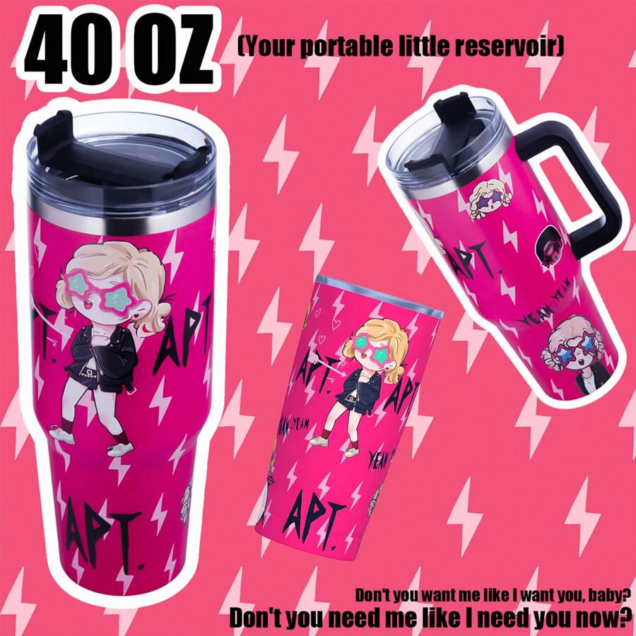 40 盎司不锈钢保温水瓶，适合 KPOP 粉丝，KPOP Idol Rose APT 粉色款水杯，轻巧，带盖和吸管，仅可手洗，适合旅行、户外活动和礼物，适合重大节日 - 彩色 - 查看 1
