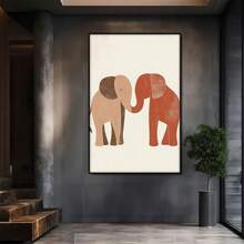 Deux éléphants simples de couleurs différentes. Grande peinture murale encadrée en bois, décoration d'intérieur, peinture à l'huile - Chambre, salle de bain, salon, bureau, cuisine, cadeaux de Noël - 1 pièce