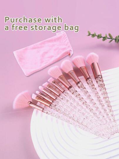10支装化妆刷套装，配粉色收纳盒，包含水晶柄螺旋刷、超细眼线刷、散粉刷、修容刷、腮红刷、高光刷、眼影刷、眉刷、唇刷，便携旅行化妆套装，是初学者的理想礼物。