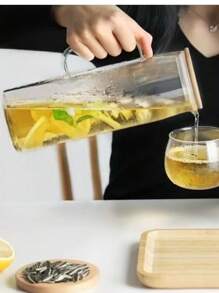1pc 1000ml/1200ml/1500ml Straight Borosilicate Glass Water Kettle With Wooden Lid, Summer Fruit Juice Pitcher, Heat Resistant, Suitable For Home, Gatherings, Restaurants