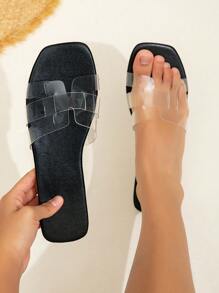 1 Pair Transparent Woven Decor Slides/Sandals For Teens, Suitable For Outdoor Wear - Black - View 2