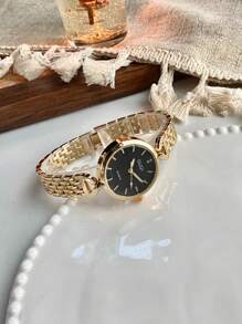 1 件女士金色手表，时尚复古女士手表，女士时尚简约百搭奢华不锈钢石英表 - 均碼 - 查看 5