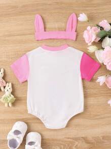 Baby Easter Outfit, Short Sleeve Crew Neck Letters Print Bodysuit With Bunny Ears Headband For Girls Boys