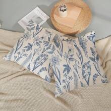 2件装海军蓝花卉图案枕套，春夏装饰抱枕套，野花叶子春季装饰枕套，户外农舍风格沙发靠垫套，单面印花，不含枕芯