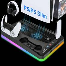 GAMINJA Disc/Digital Edition Console Cooling Stand With RGB Lights, Includes Dual Controller Charging Dock, Cooling Fan, Remote Control/Game Disc Storage, USB Hub, Headphone Hook