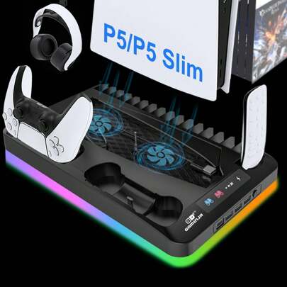 GAMINJA Disc/Digital Edition Console Cooling Stand With RGB Lights, Includes Dual Controller Charging Dock, Cooling Fan, Remote Control/Game Disc Storage, USB Hub, Headphone Hook