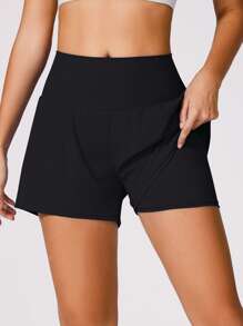 NcmRyu 1pc Women's Seamless High Elasticity Outdoor Sports Shorts With Pockets, Anti-Chafing - Black - View 3