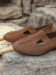 Women's Casual Round Toe Knitted Flat Shoes, Panda Pattern, Comfortable Mom Shoes, Daily Walking