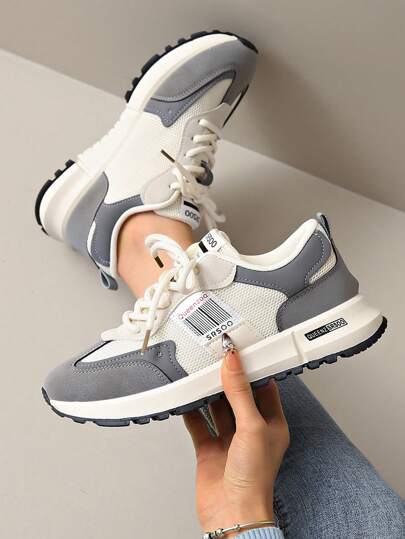 新款厚底运动鞋，灰色、棕色、米色，百搭时尚网眼厚底运动鞋，适合户外，圆头，系带，平底，休闲鞋