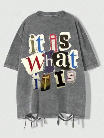 Tricou bărbătesc, stil stradal, vintage, asimetric, cu guler rotund, spălat, mânecă scurtă, stil emo