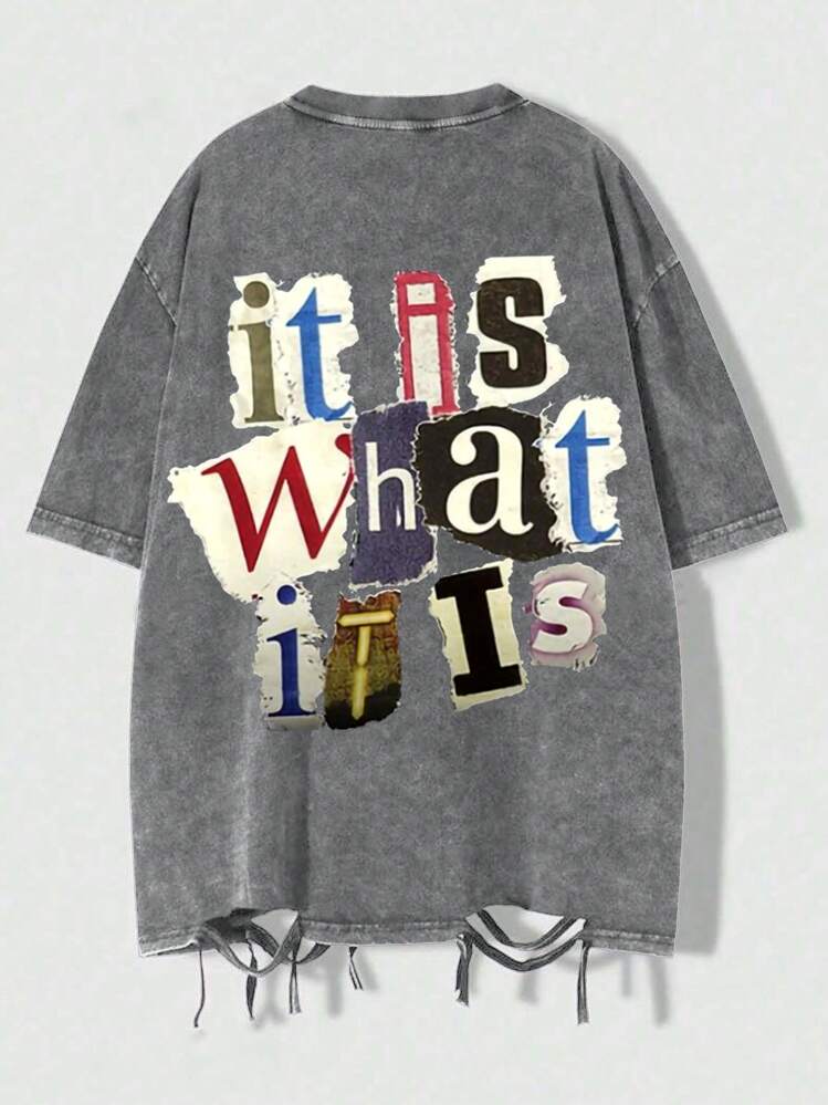 Hemo Vintage Asymmetrical Tassel Round Neck Short Sleeve Washed T-Shirt - Grey - View 1