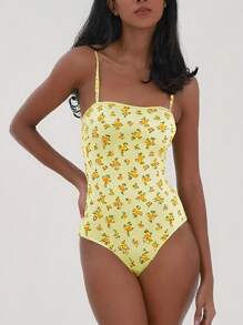 Women's Monokini One-Piece Swimsuit Summer Sleeveless Spaghetti Strap Floral Print Bathing Suit Swimwear - Yellow - View 2