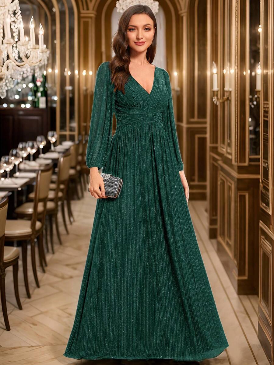 EVERPRETTY 深V领长灯笼袖深绿色正式礼服，优雅正式，适合舞会、婚礼、毕业派对、新年等场合。